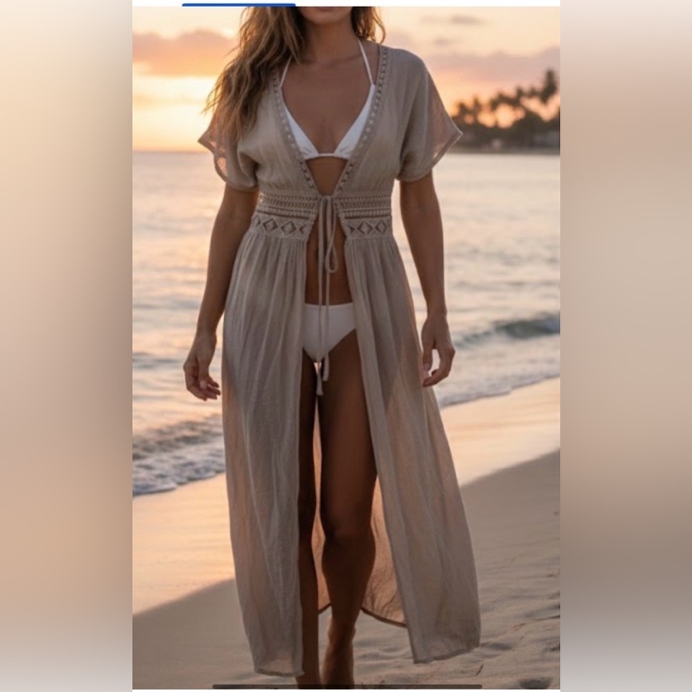 Rebellion Again BOHO Maxi Beach Cover up with Lace Trim Elegant and Lightweight - Picture 1 of 14